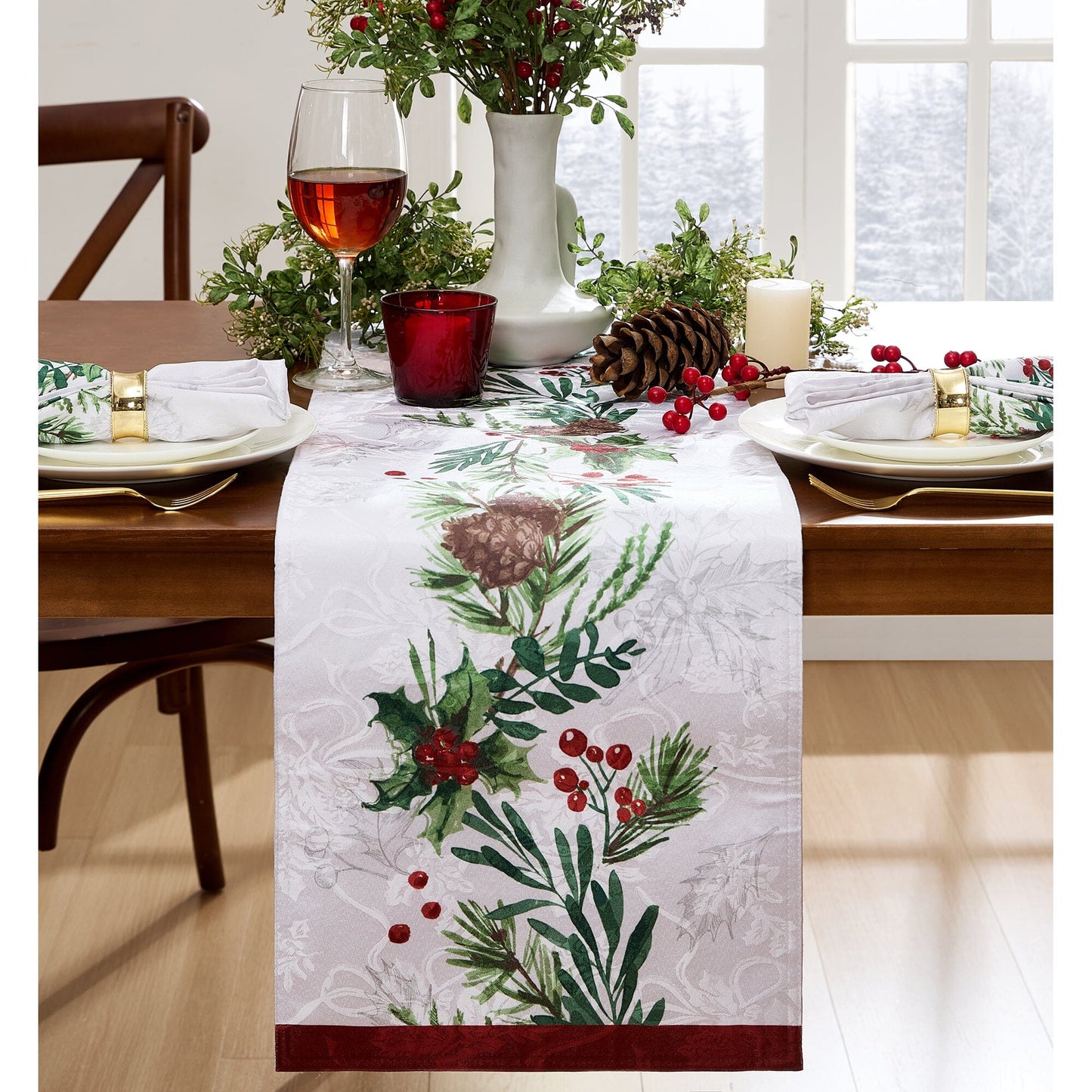 Holly Berry Flourish Holiday Fabric Table Runner