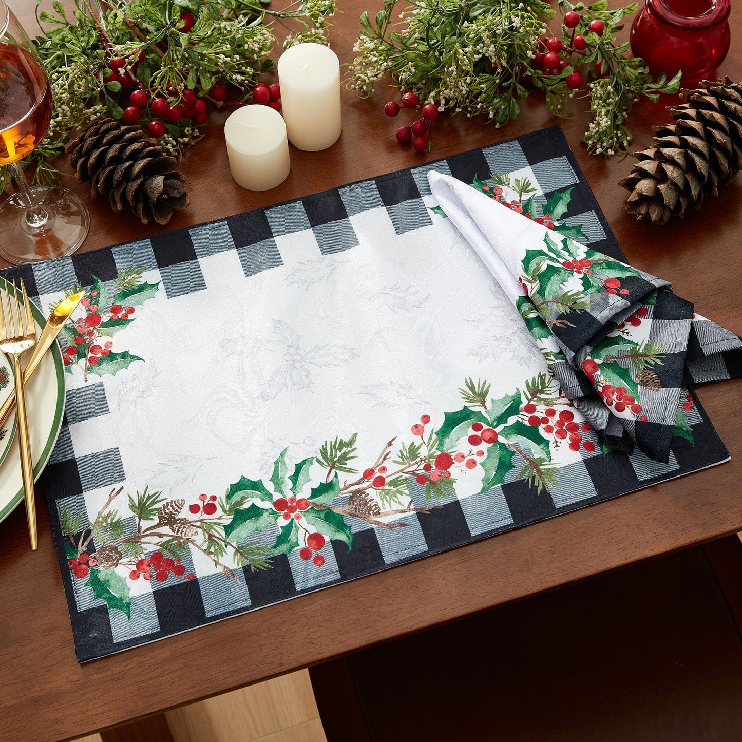 Holly Farmhouse Charm Holiday Fabric Placemats, Set of 4