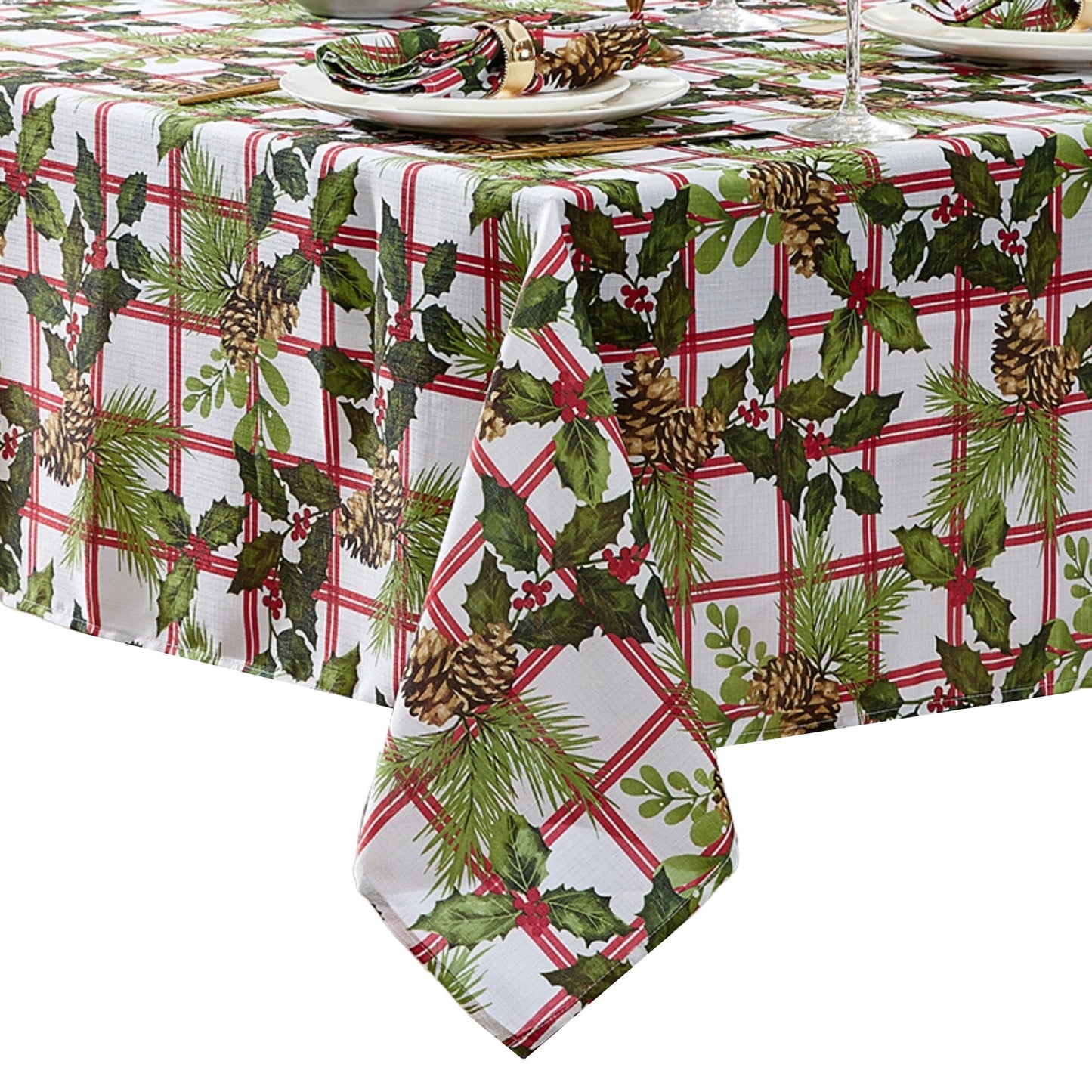 Pinecone Plaid Holiday Fabric Tablecloth
