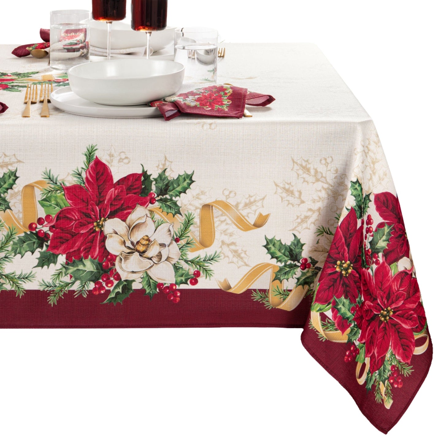 Poinsettia Garlands Engineered Tablecloth
