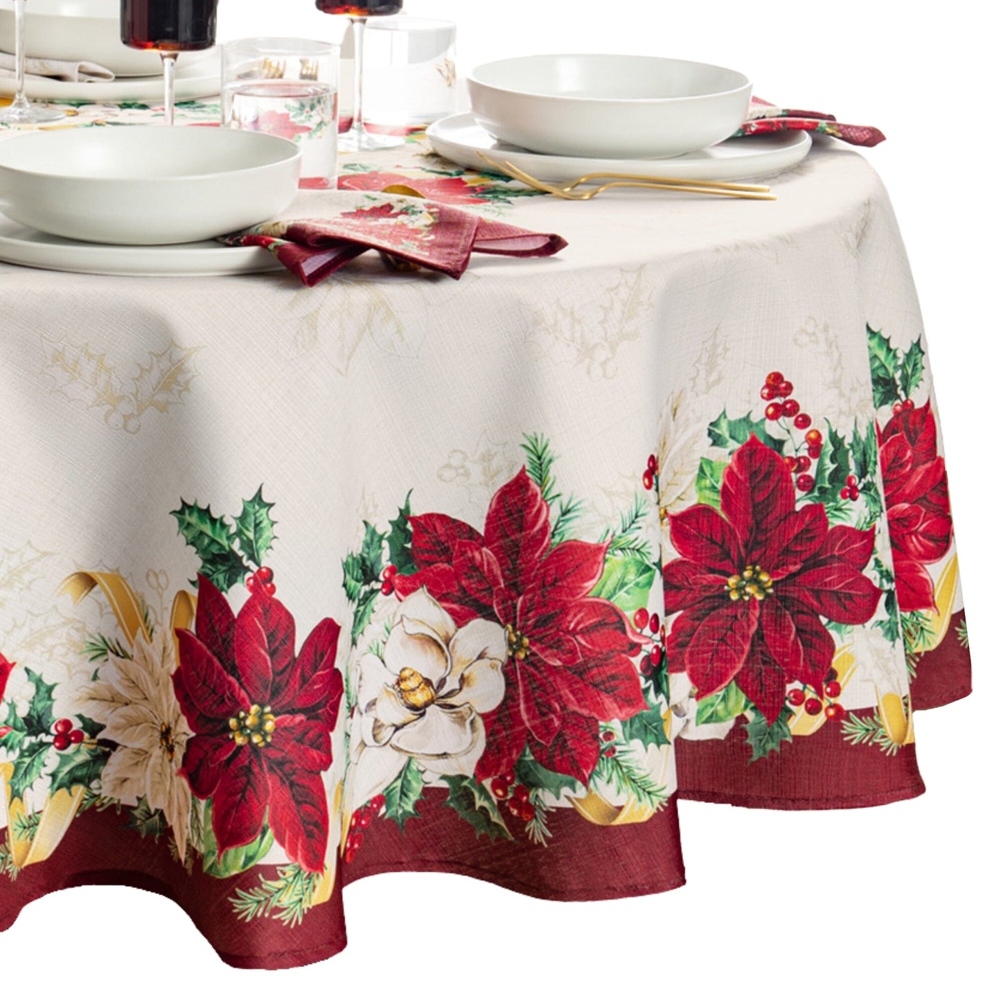 Poinsettia Garlands Engineered Tablecloth
