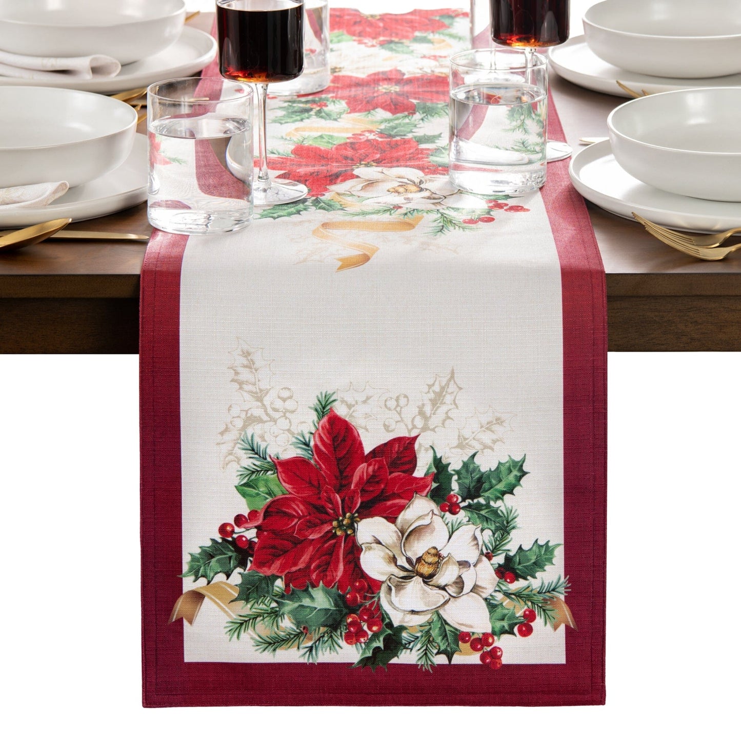 Poinsettia Garlands Engineered Table Runner