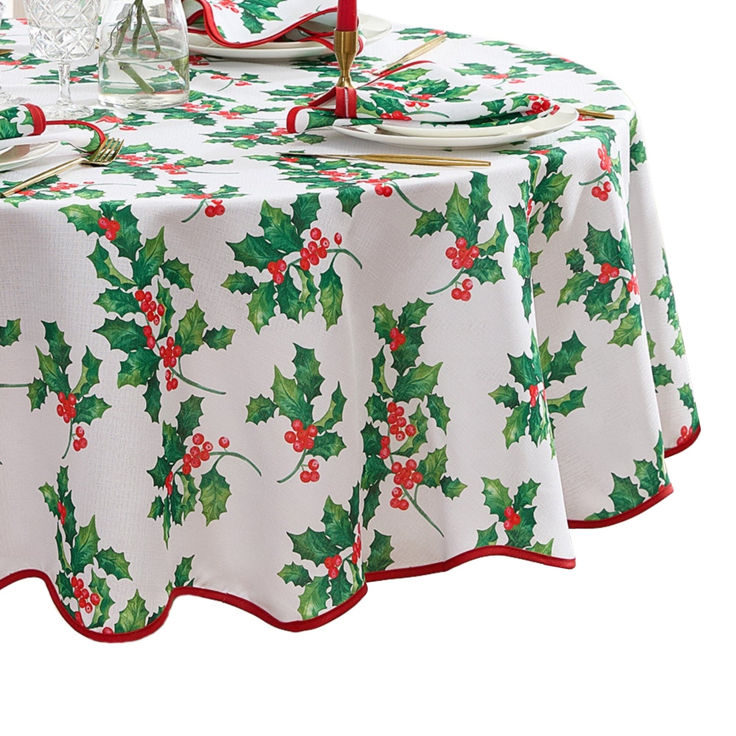 Vintage Holly Scallop Border Tablecloth