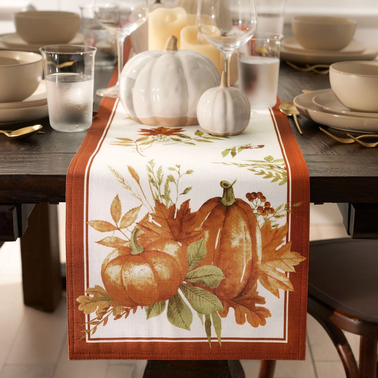 Pumpkin table runner design on each end with orange border