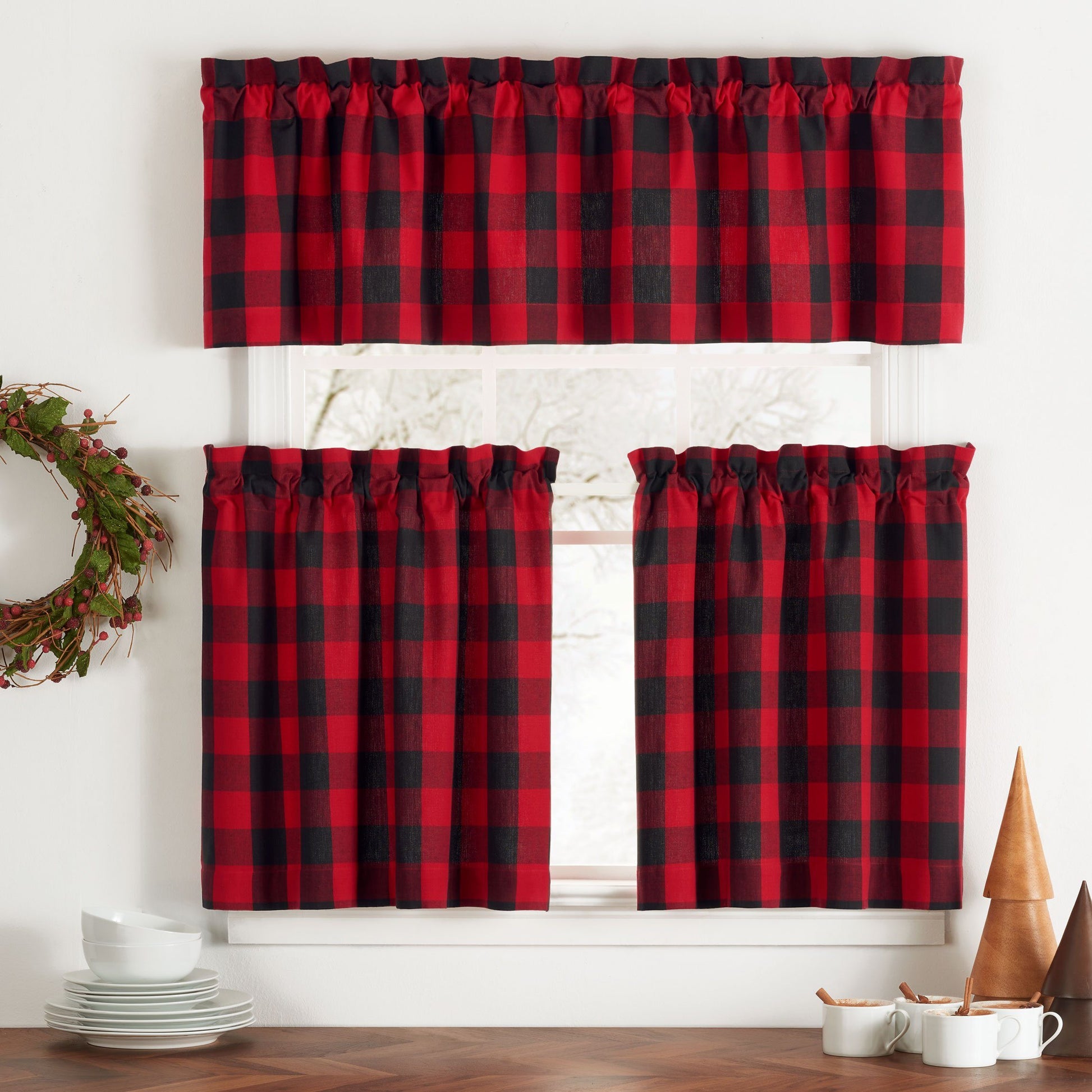 buffalo check red and black farmhouse style kitchen tiers and valance