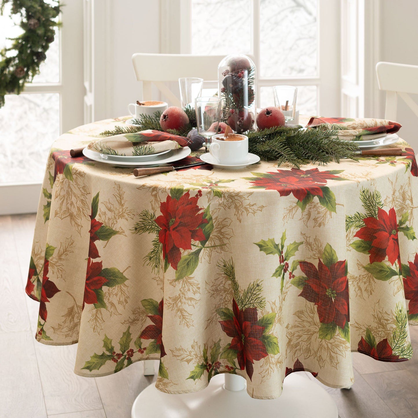 Festive Poinsettia Holiday Fabric Tablecloth-Elrene Home Fashions