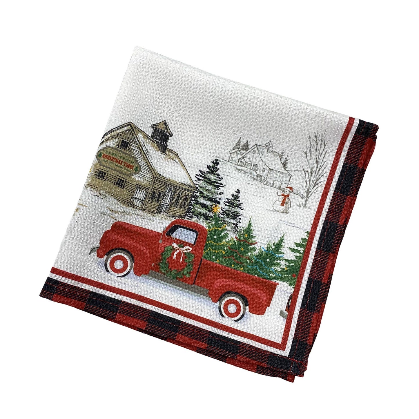 Vintage Christmas farm scene with Red rustic truck