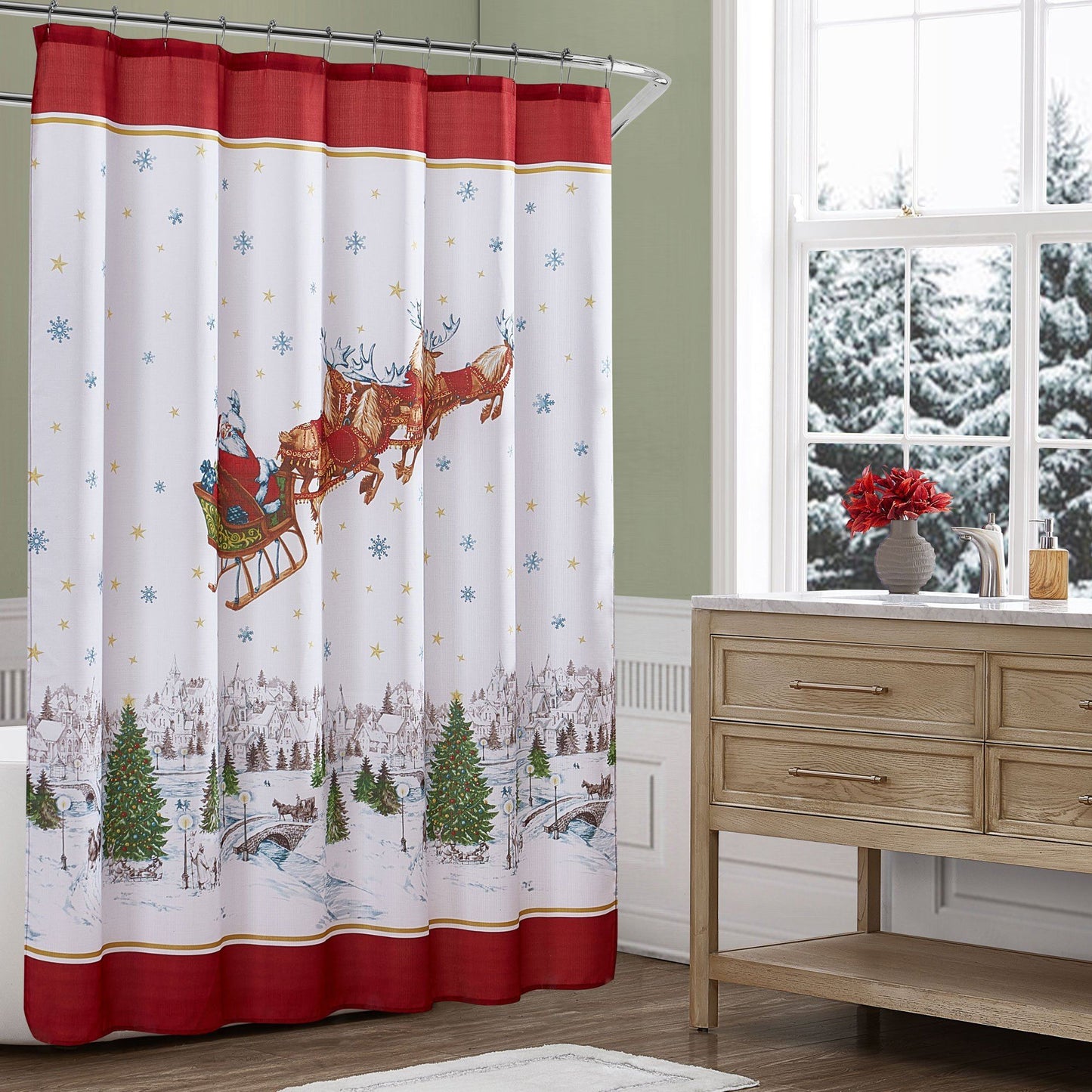 Santa’s Snowy Sleighride Holiday Fabric Shower Curtain