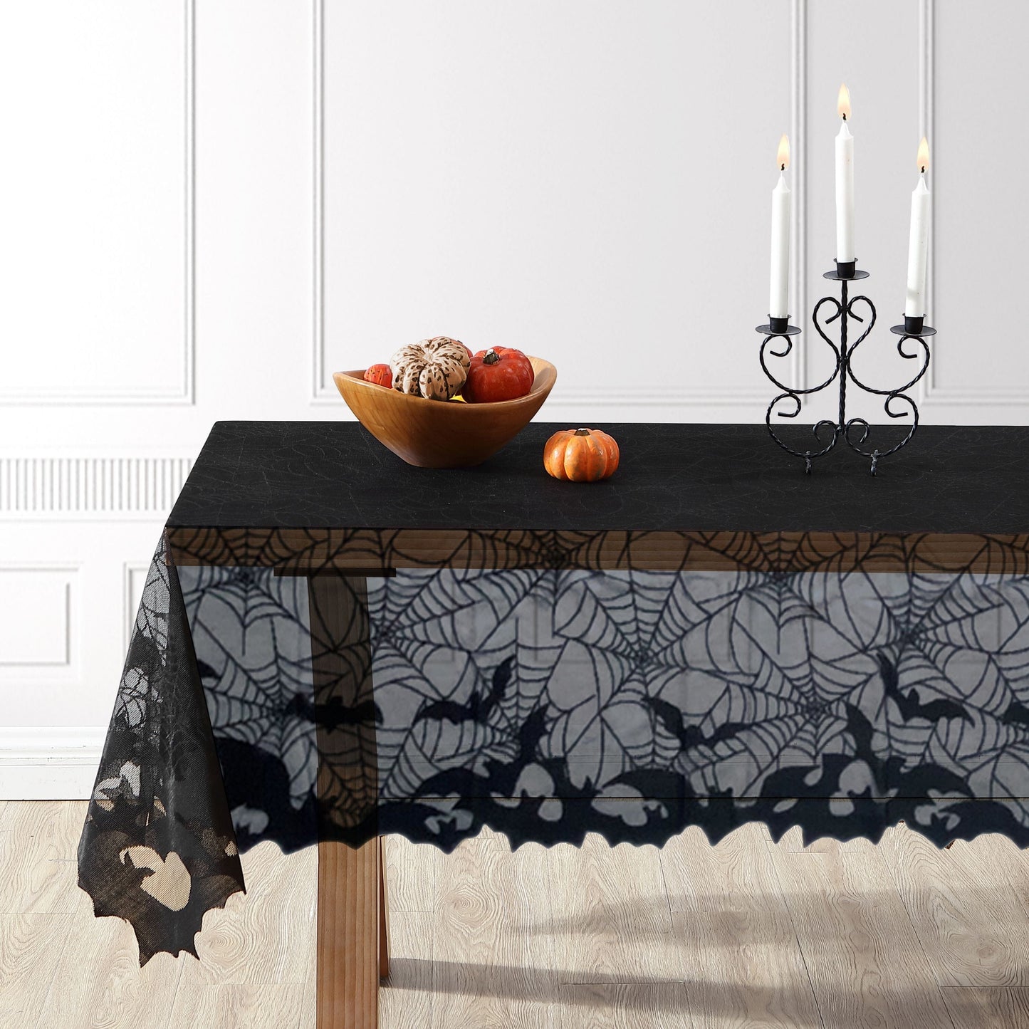 Bats & Web Lace Halloween Tablecloth with Orange Liner