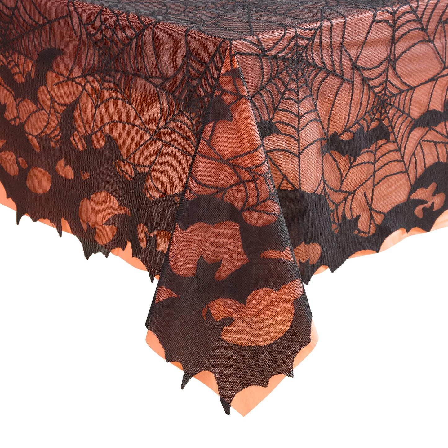 Bats & Web Lace Halloween Tablecloth with Orange Liner