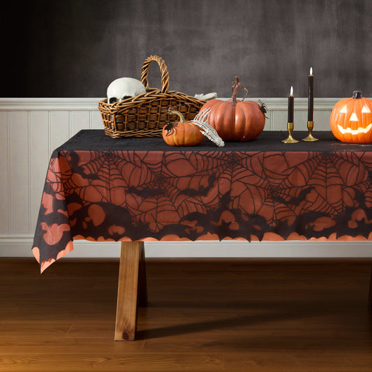 Bats & Web Lace Halloween Tablecloth with Orange Liner