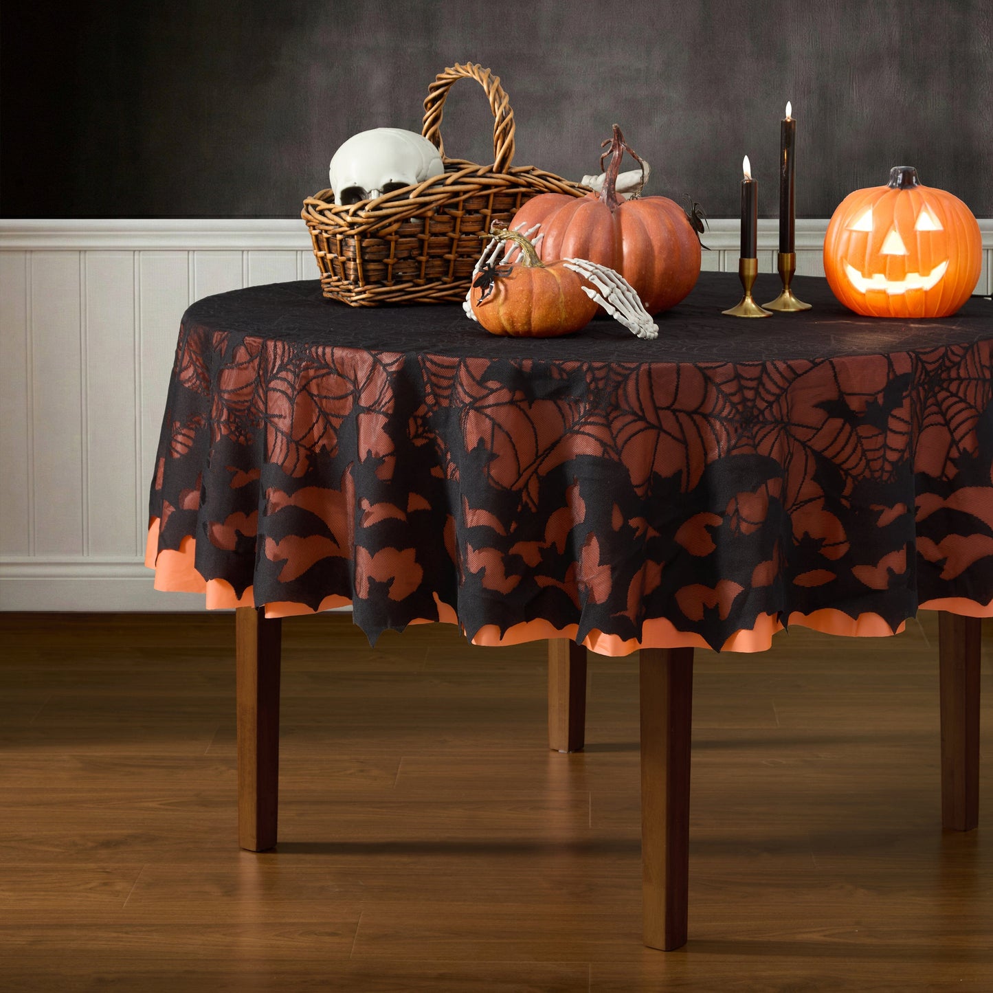 Bats & Web Lace Halloween Tablecloth with Orange Liner