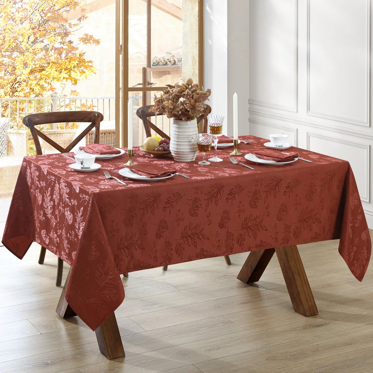 Elegante mantel de damasco jacquard con hojas tejidas