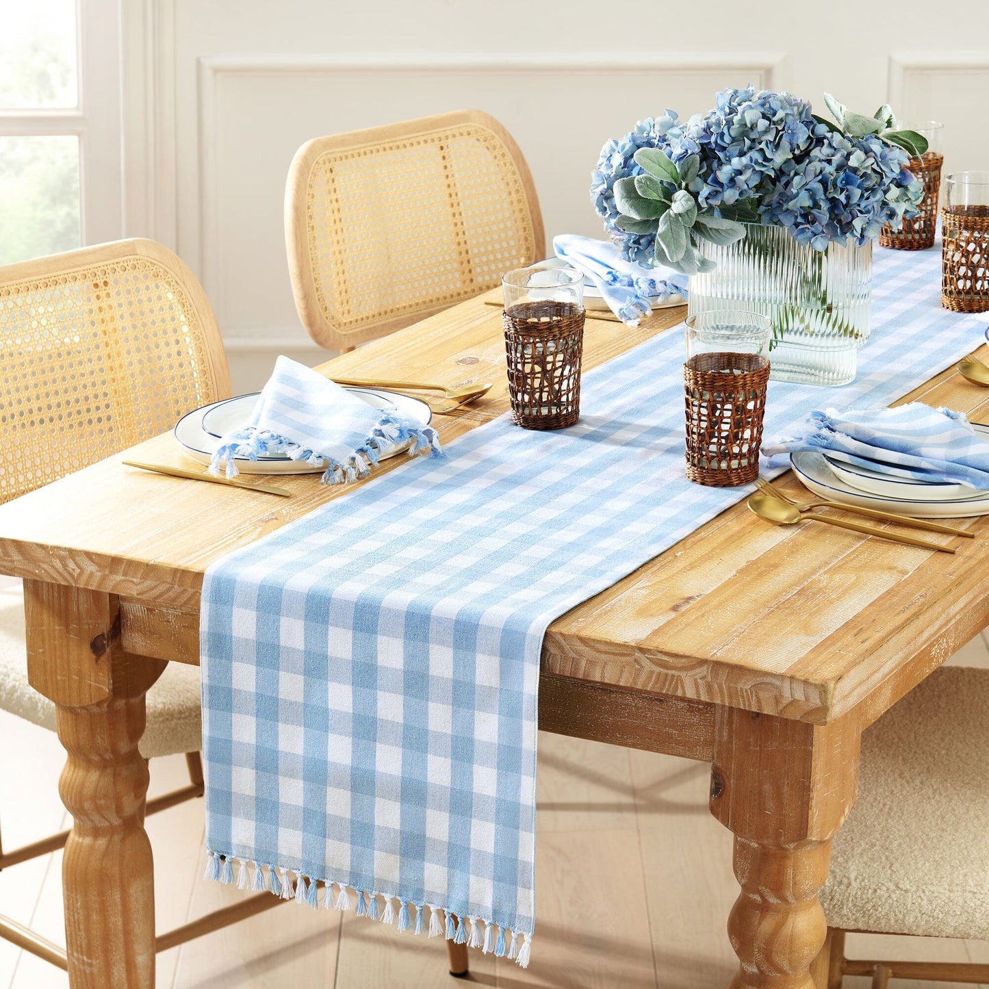 Knotted Gingham Table Runner and Napkin Set of 4
