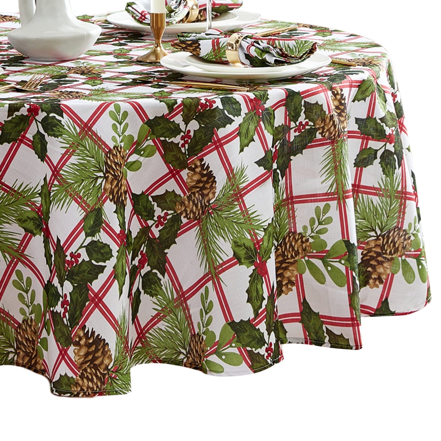 Pinecone Plaid Holiday Fabric Tablecloth