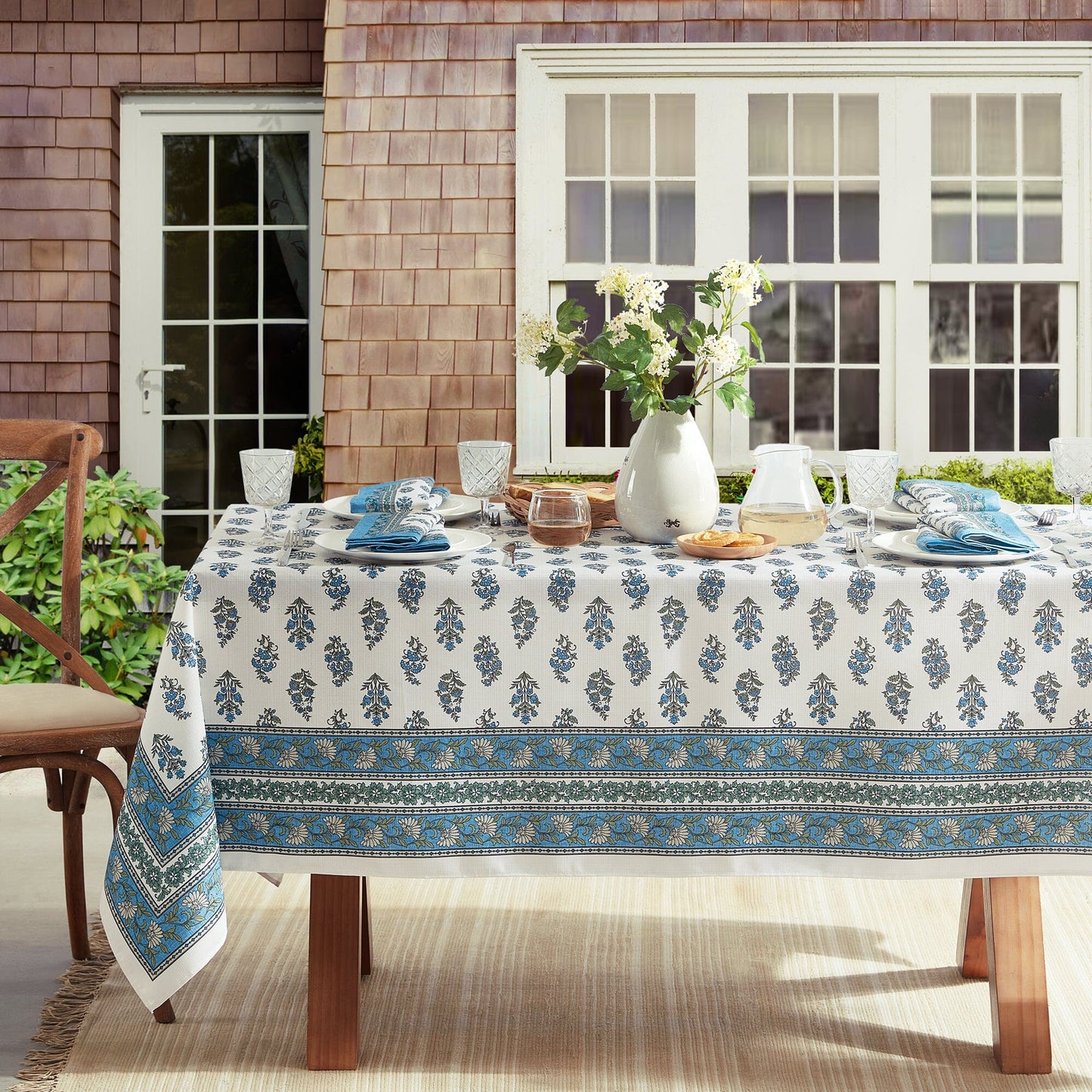 Tropez Block Print Stain & Water Resistant Indoor/Outdoor Tablecloth