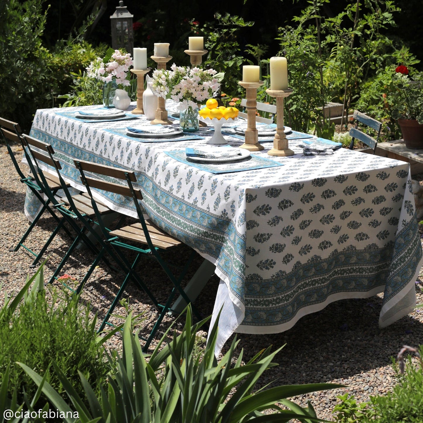 Tropez Block Print Stain & Water Resistant Indoor/Outdoor Tablecloth
