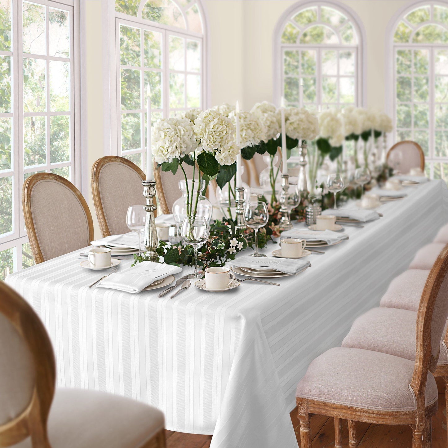 white stripe tablecloth