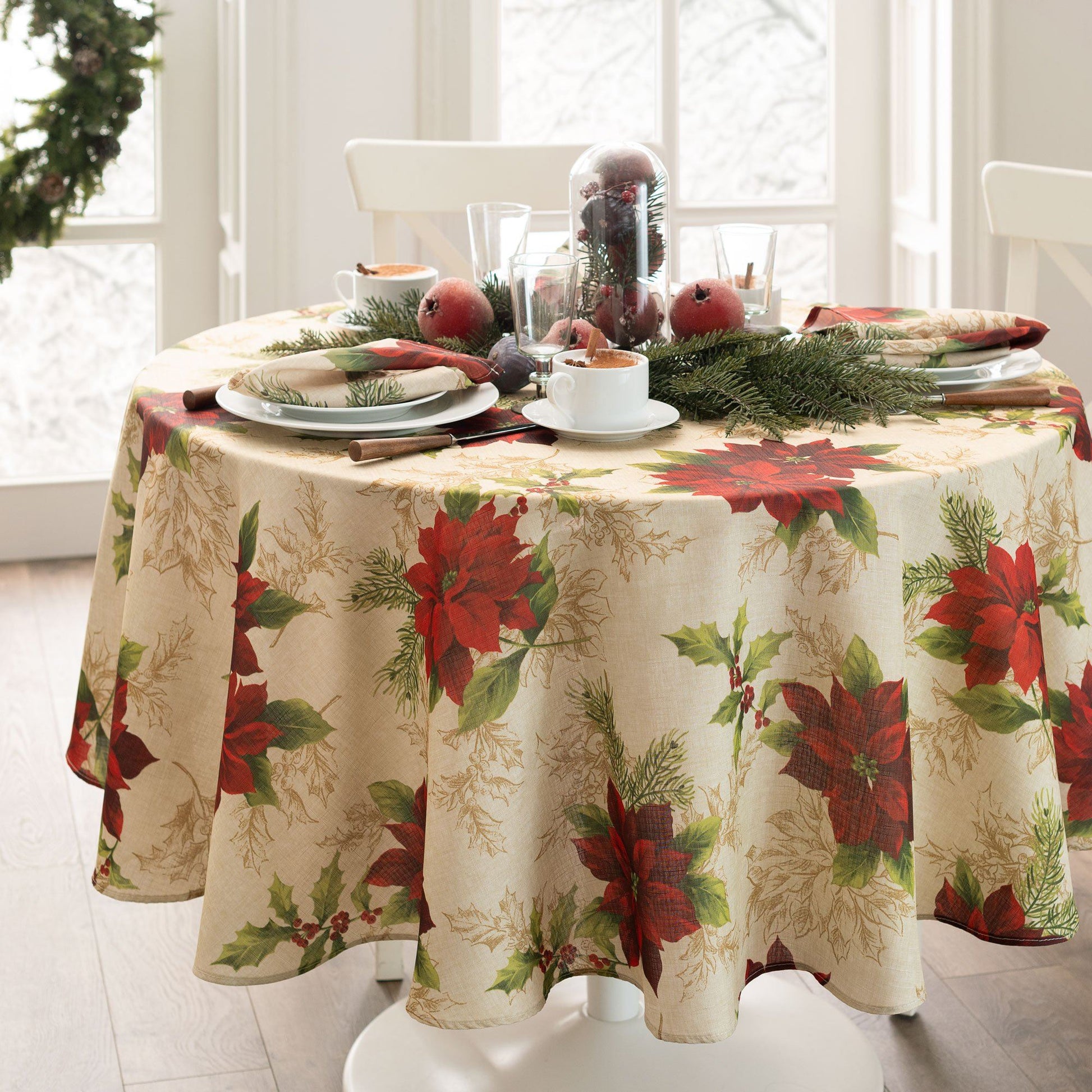 Festive Poinsettia Holiday Fabric Tablecloth-Elrene Home Fashions