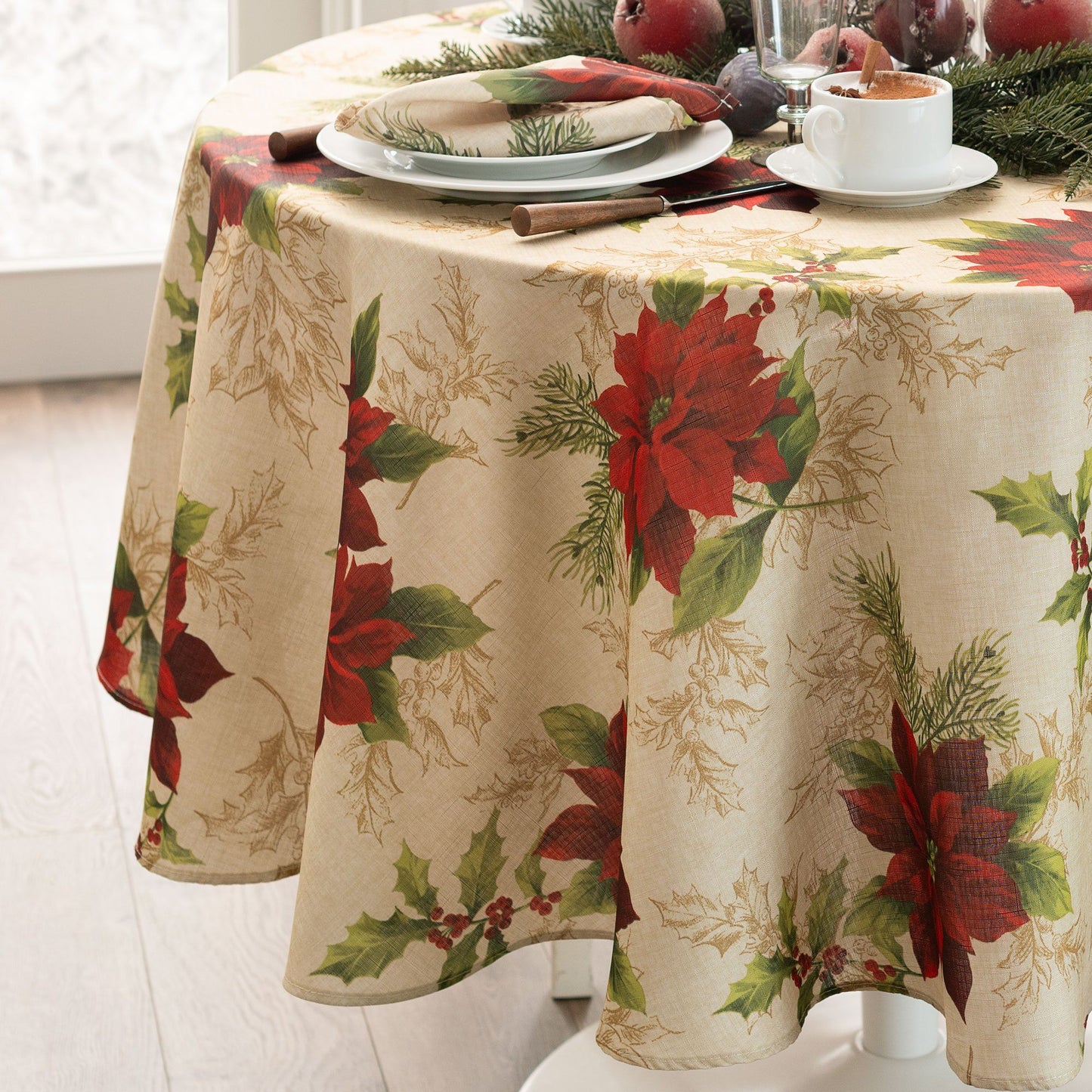 Festive Poinsettia Holiday Fabric Tablecloth-Elrene Home Fashions