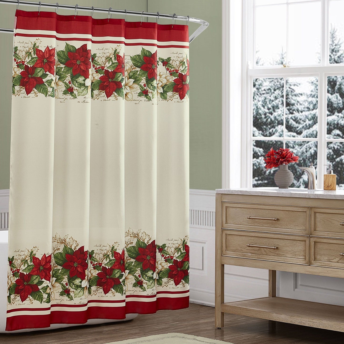 Red and White Poinsettias Holiday Fabric Shower Curtain