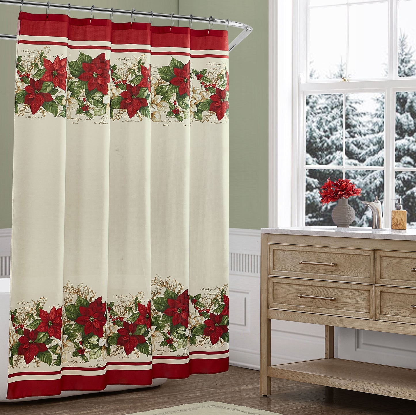 Red and White Poinsettias Holiday Fabric Shower Curtain